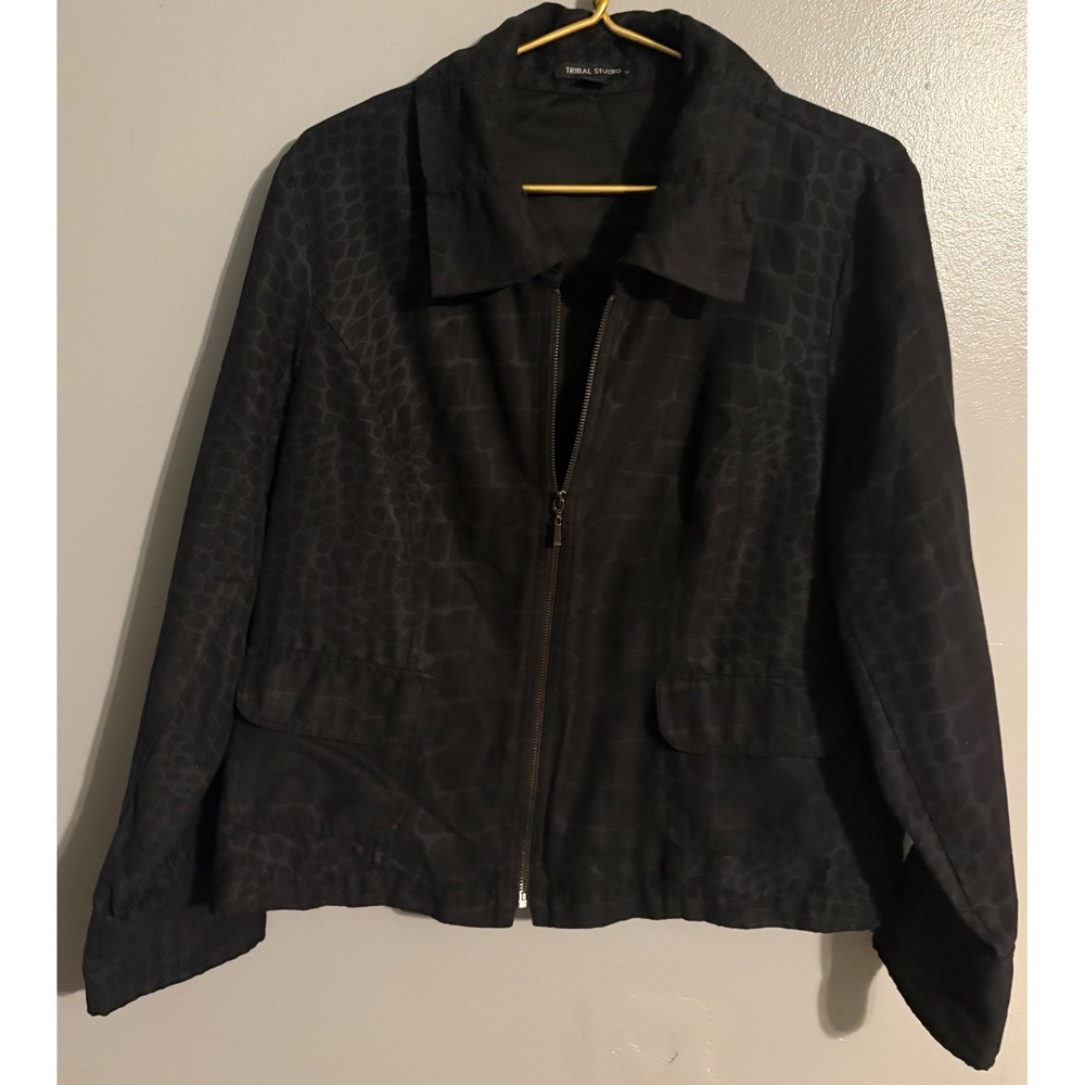 Tribal Studio Womens Black Animal Print Zip Up Jacket Faux Suede XL P/XL